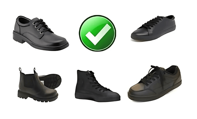 Examples of black enclosed leather shoes with a solid rubber sole and leather upper