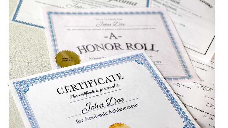Certificates on a table